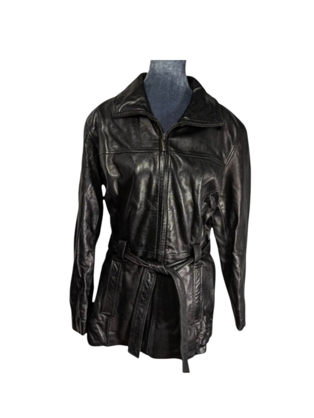 Nine West Belted Black Leather Coat Jacket Size Small